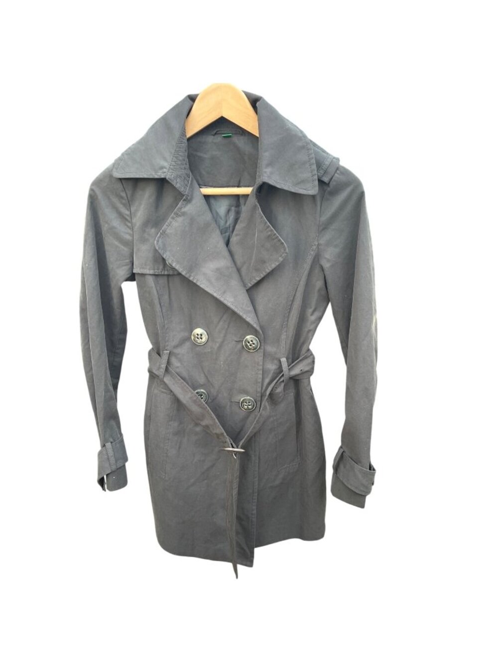 Y2K United Colors of Benetton Black Trench Coat M Minimalist Belted Jacket